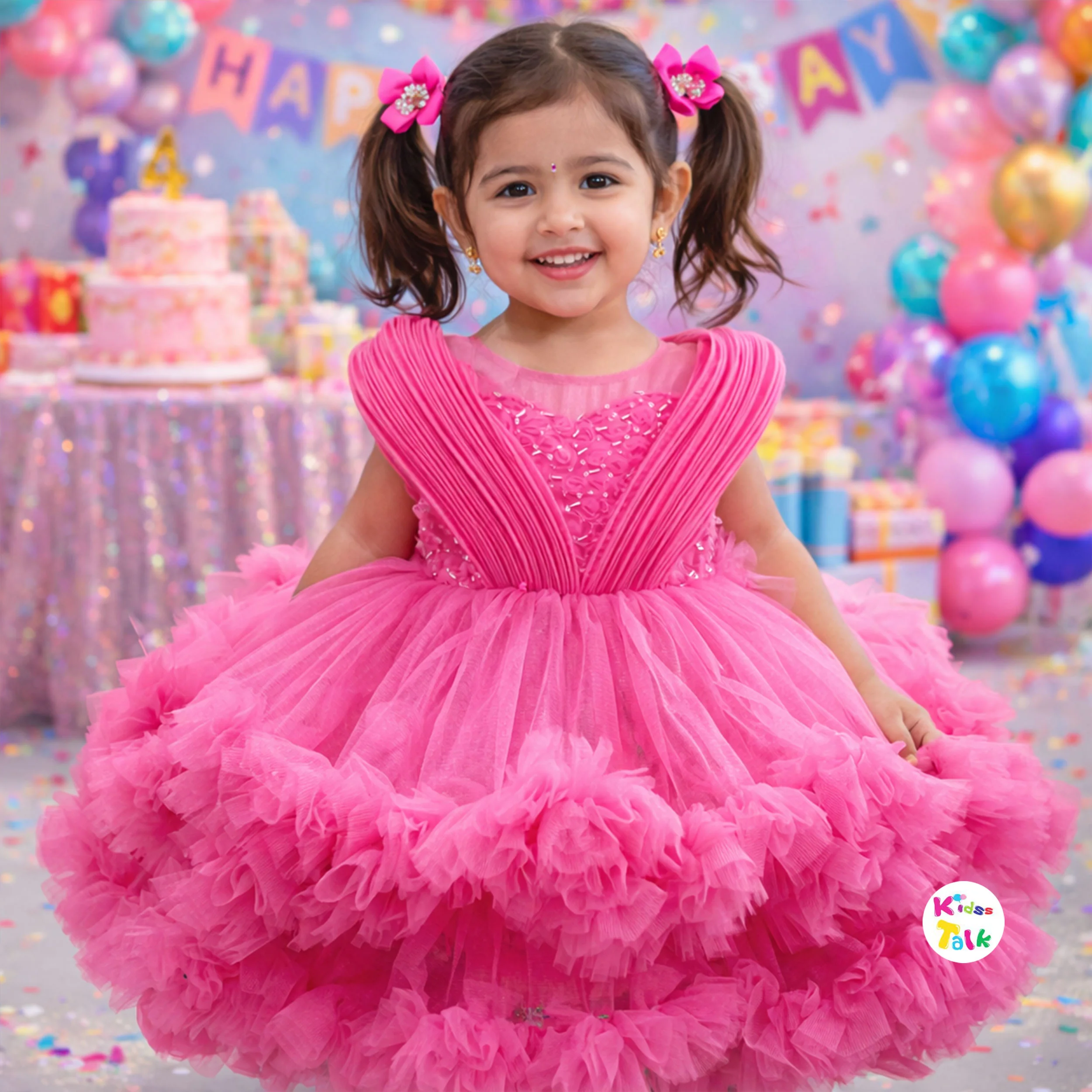 Net Sleeveless Fluffy Party Frock With Bead Work- Baby Pink